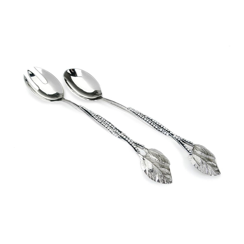 Classic Touch Decor Stainless Steel Salad Servers w/ Stones, Silver, 15"