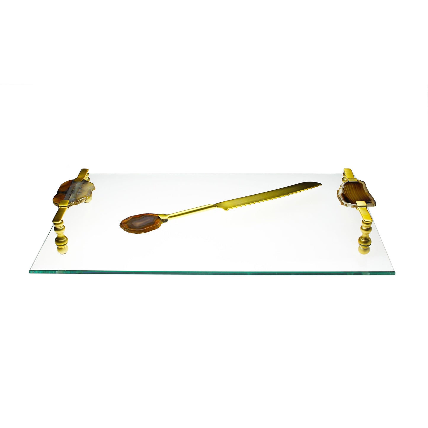 Classic Touch Glass Challah Tray with Agate Stone Handles And Knife, Gold