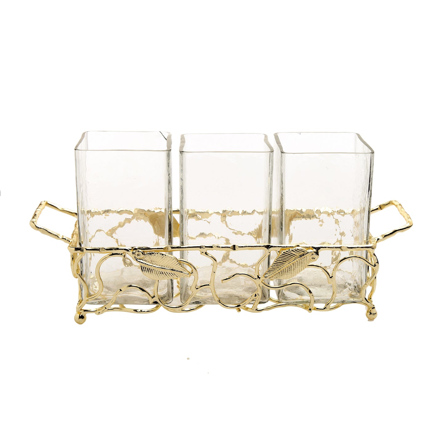 Classic Touch Gold Leaf Cutlery Holder With Hammered Glass Inserts, 6"x 4"x 12"