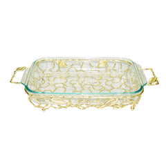 Classic Touch Rectangular Gold Handled Pyrex Holder With Leaf Design, 9.5" x 18"