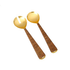 Classic Touch Set Of 2 Gold Salad Servers With Rattan Wrapped Handles