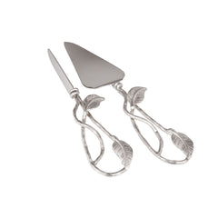Classic Touch Set Of 2 Nickel Cake Servers With Leaf Design, Silver, 13.75"