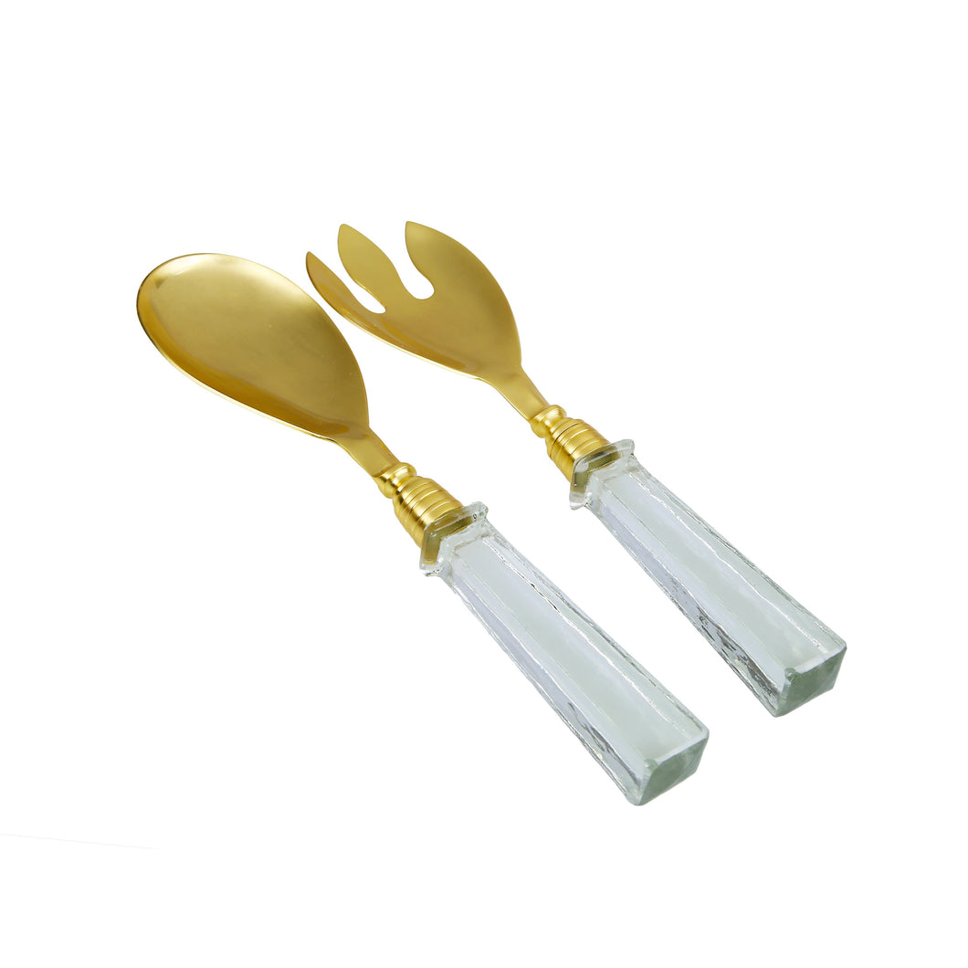 Classic Touch Set of 2 Stainless Salad Servers With Square Glass Handle, Gold