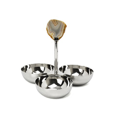 Classic Touch Set of 3 Bowl Stainless Steel Relish Dish With Agate Stone, Silver