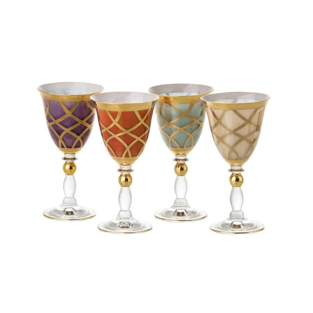 Classic Touch Set Of 4 Milk Asst. Glass Water Glasses With 24K Gold Design