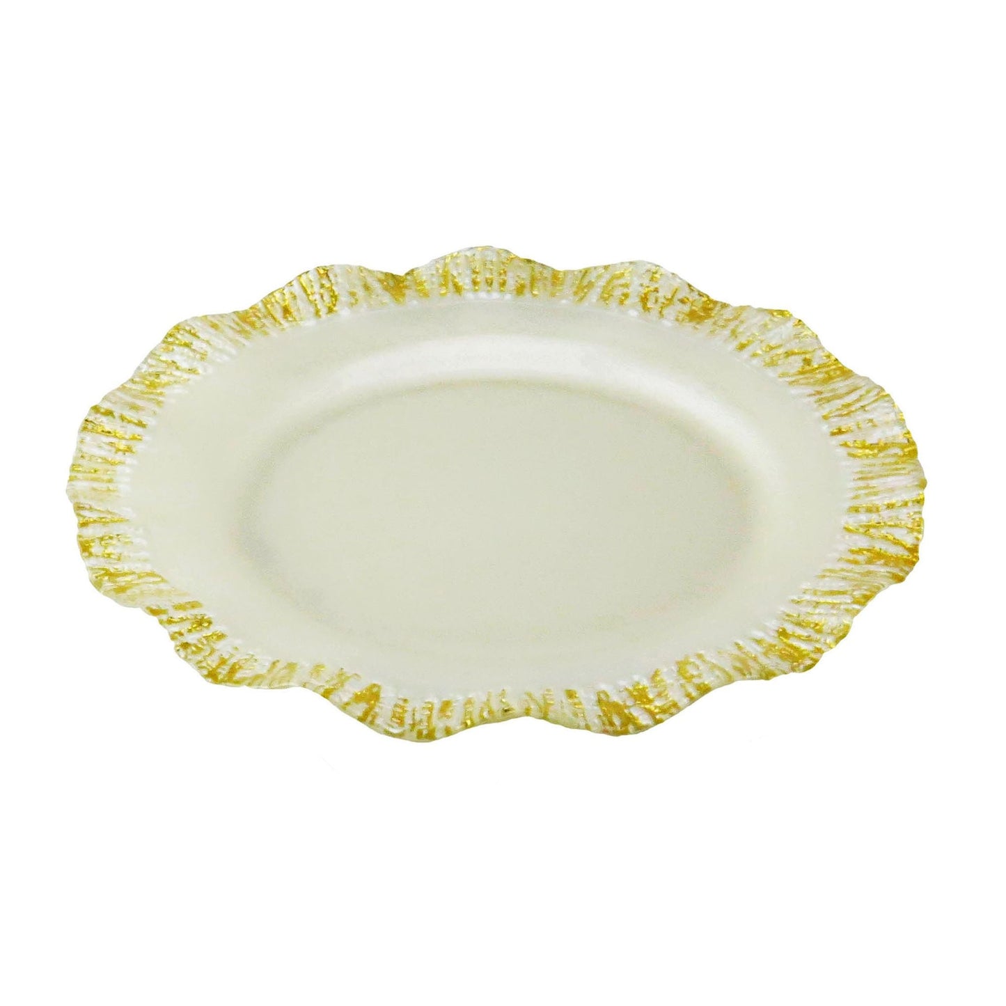 Classic Touch Set Of 4 Pearlized Milky Chargers Scalloped Gold Border, 13"
