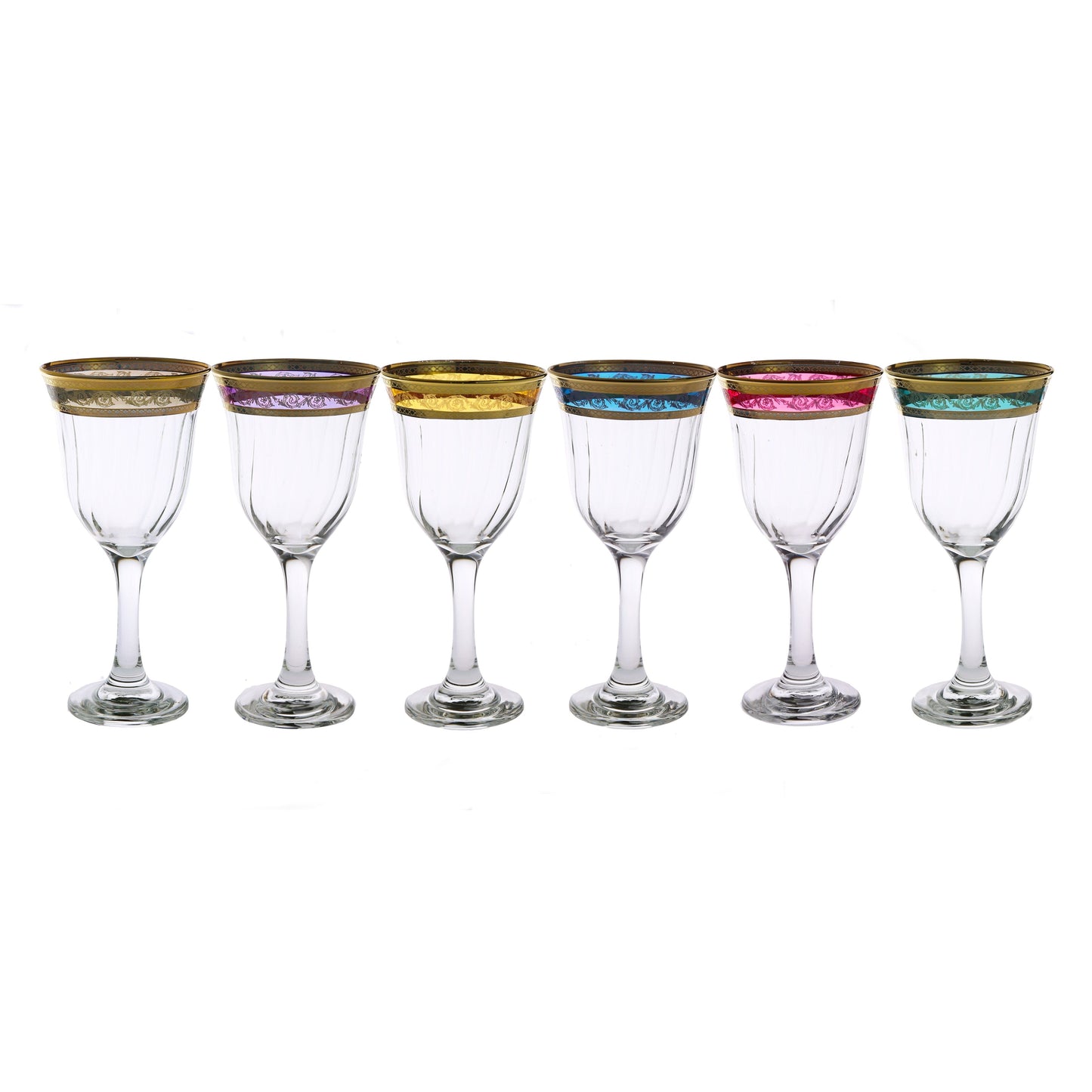 Classic Touch Set Of 6 Assorted Colored Water Glasses With Gold Design, 8"