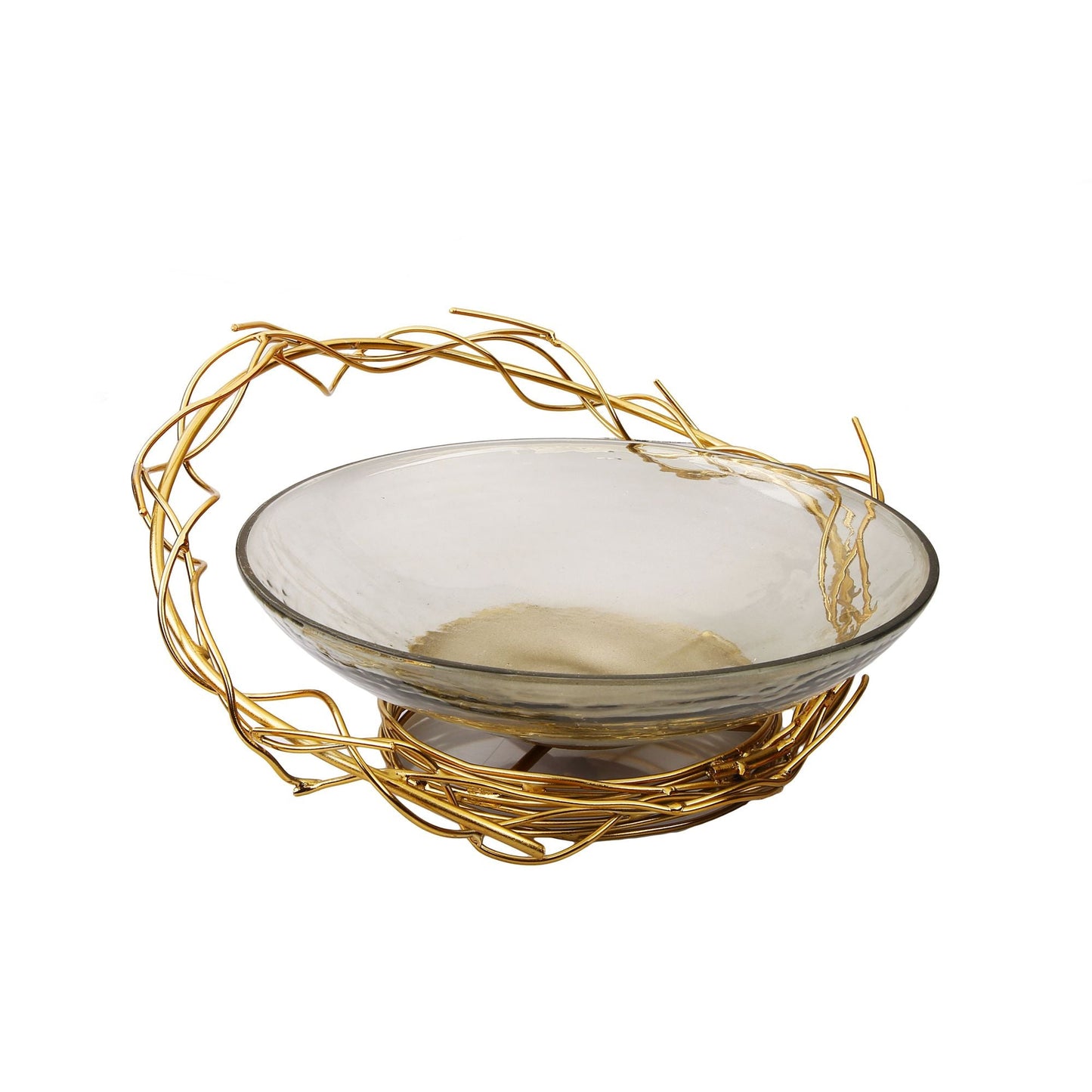 Classic Touch Smoked Glass Centerpiece Bowl With Gold Twig Design, 12.75"