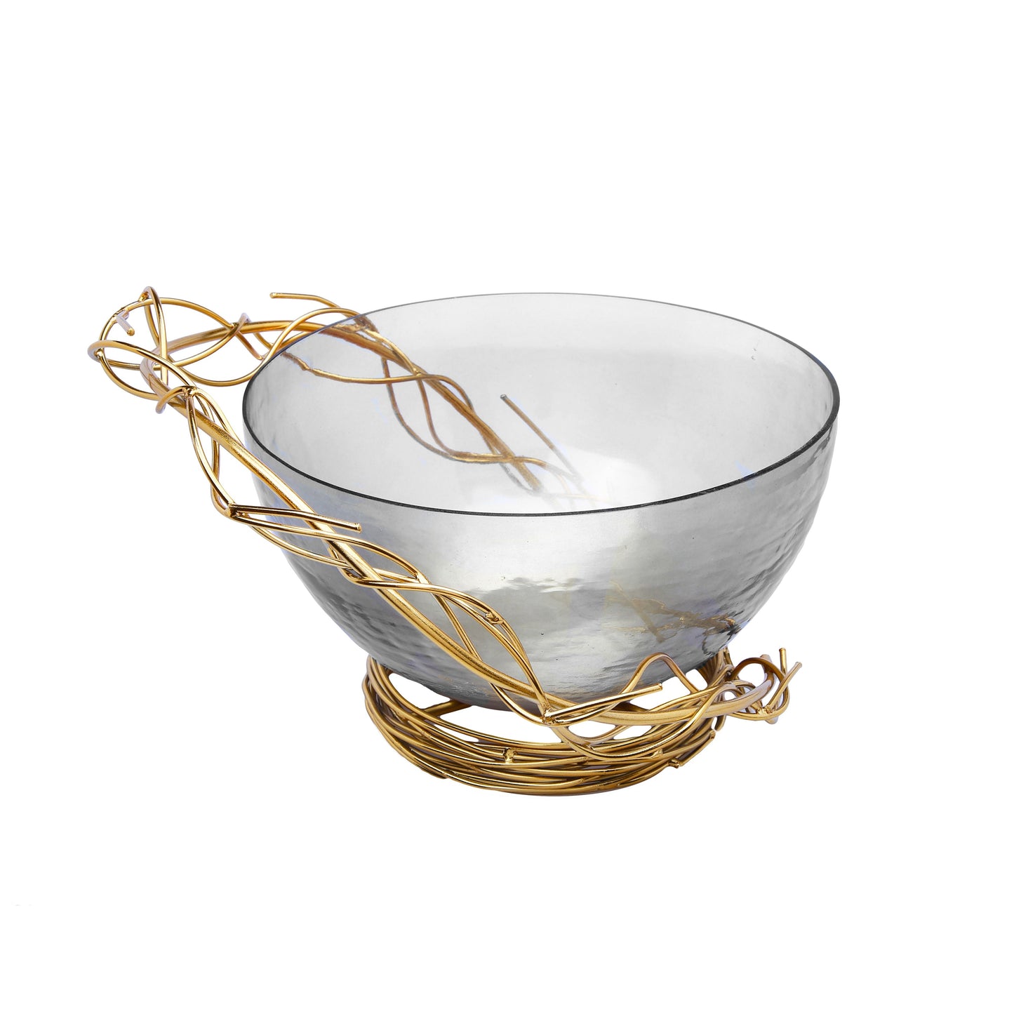 Classic Touch Smoked Glass Salad Bowl With Gold Twig Design, 12"
