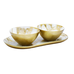 Classic Touch White And Gold Marbleized 2 Bowl Relish Dish, 13.75"