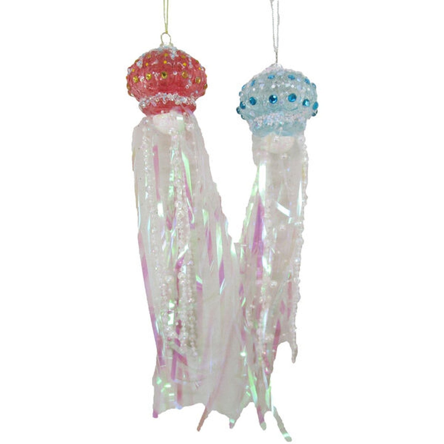 December Diamonds Set of 2 Nautical Blue & Coral Glass Jellyfish Ornaments