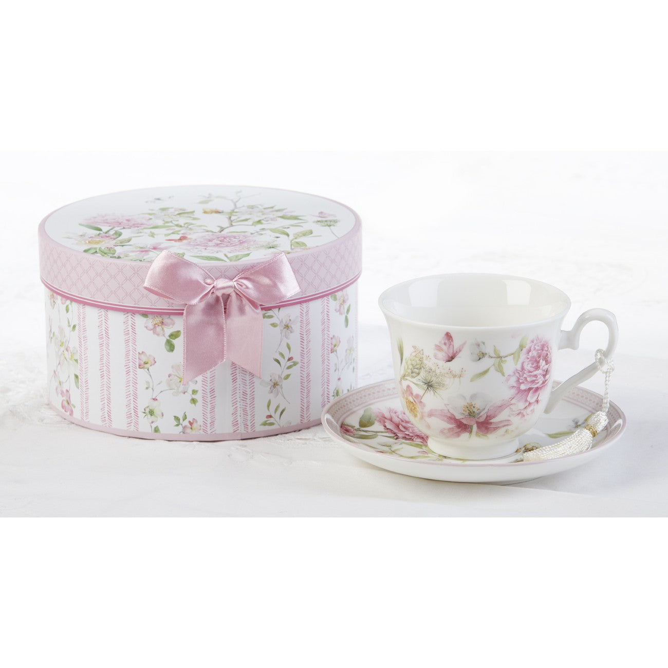 Delton 3.5" Porcelain Cup & Saucer, Pink Peony
