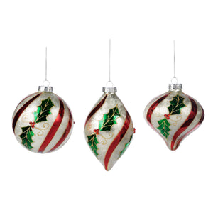 Glass Holly Swirl Ball/Finial Ornament Red/White 11.5Cm, Set Of 3, Assortment