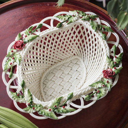 Belleek Winter Flower Basket, White, China, 2" x 5.5" x 7"