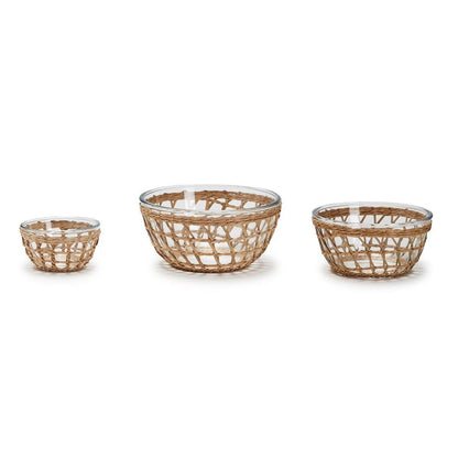 Two's Company Island Chic Set of 3 Borosilicate Glass Bowls w/Hand-Woven Lattice