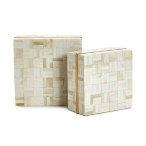 Two's Palais Set Of 2 Whitestone Mosaic Tile Decorative Box w/ Brass Inlaid