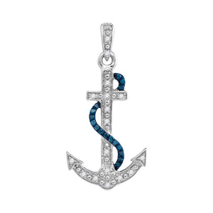 Sterling Silver Blue Color Enhanced Diamond Nautical Anchor Pendant 1/10 Cttw