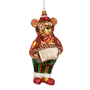 Goodwill Glass Music Bear With Accordion Ornament Brown/Green 14Cm