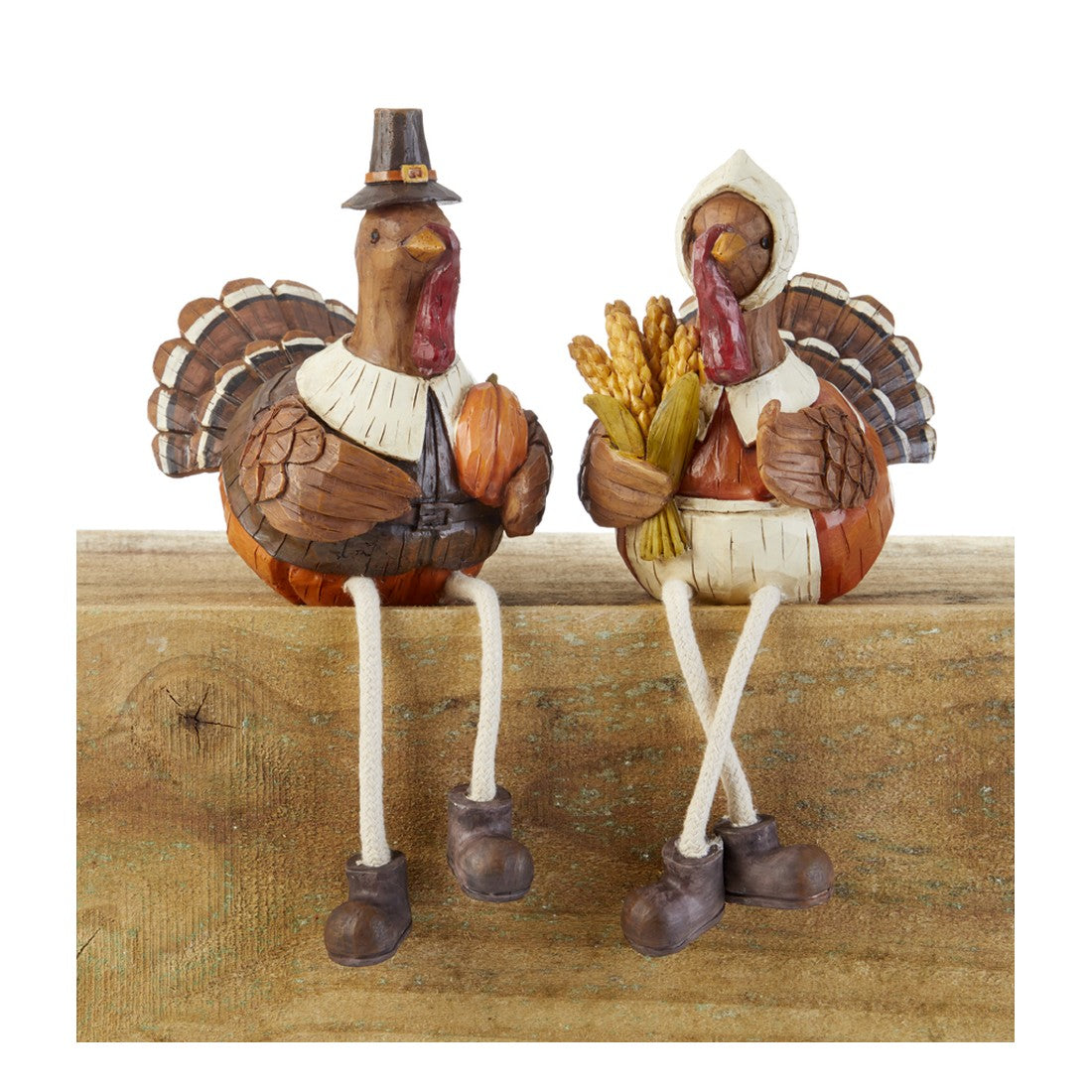 Delton 8.5" Resin Rope Leg Turkey Pilgrim Figurine, 2 Assorted, Brown