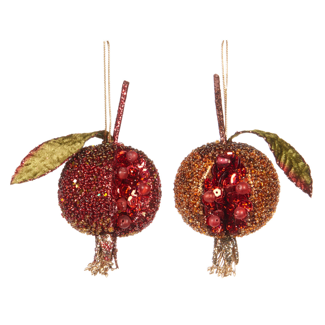 Beaded Sequin Pomegranate Ornament Red/Copper 17Cm, Set Of 2, Assortment