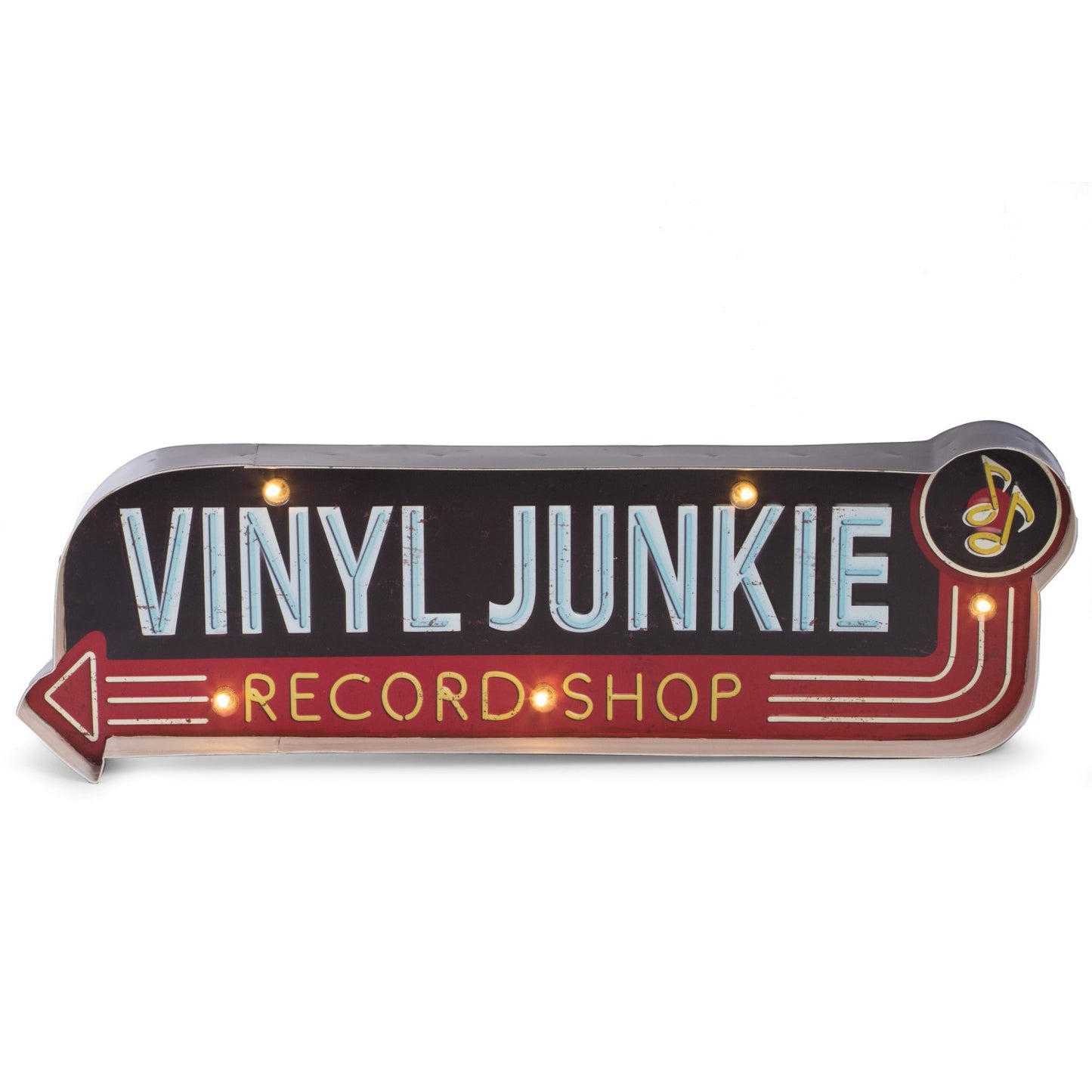 Bey Berk Vinyl Junkie LED Lighted Metal Sign Décor 22"x7"x2"