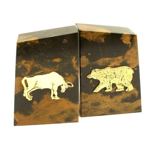 "Tiger Eye" Stock Market Marble Bookends, Gold Plated Emblem by Bey Berk