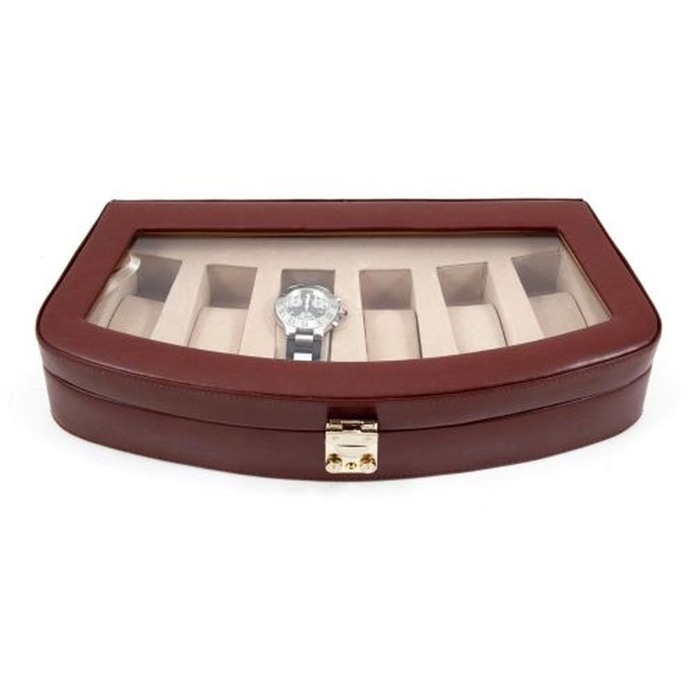 Brown Leather 6 Watch Case With Glass Top & Locking Clasp