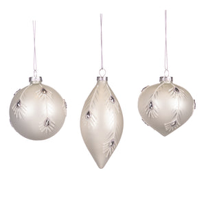 Glass Peacock Plume Ball/Finial Ornament White 8Cm, Set Of 3, Assortment