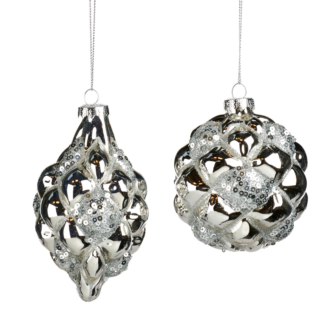 Glass 3D Sequin Net/Diamond Ball/Finial Ornament Silver, Set Of 2, Assortment