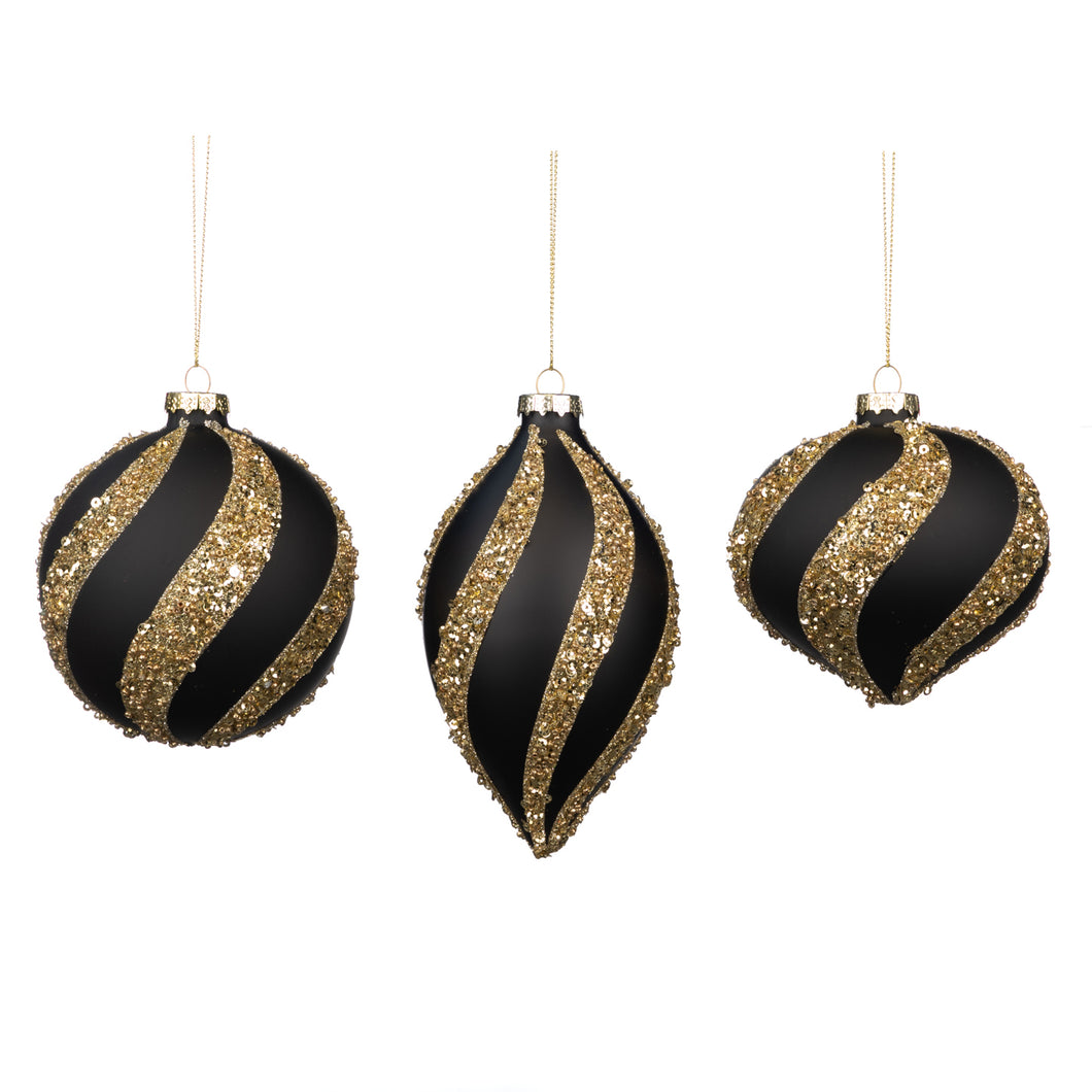 Glass Sequin Stripe Ball/Finial Ornament Black 10Cm, Set Of 3, Assortment