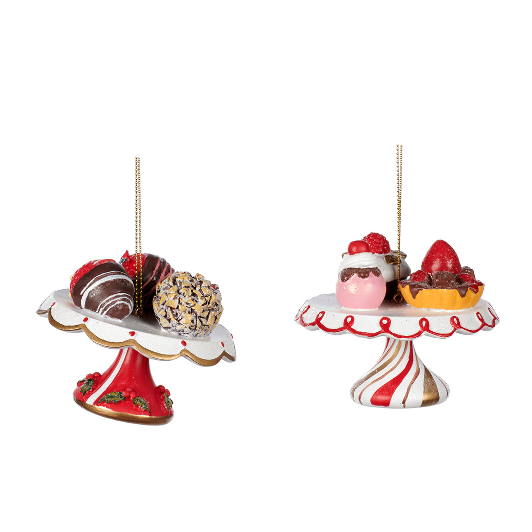Sweets/Strawberry On Cake Stand Ornament Red/White 7.5Cm, Set Of 2, Assortment