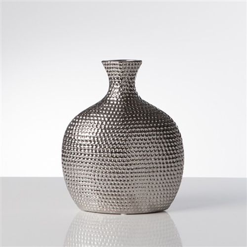 Torre & Tagus Helio Hammered Ceramic Bottle Vase - Tall, Silver, 9.75"