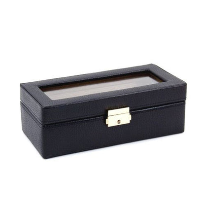 Black Leather Four Watch Case With Glass Top & Locking Clasp