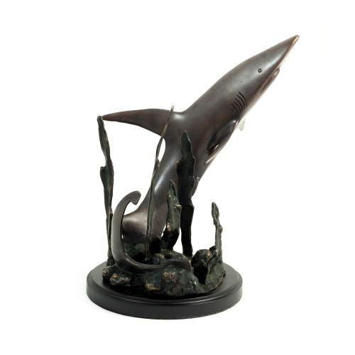 Bey Berk Brass Shark Attack Sculpture On Black Wood Base by Bey Berk