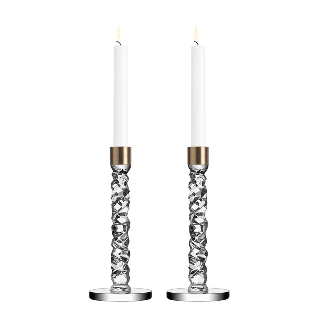 Orrefors Carat 9.5 Inch Brass Candlestick Pair, Crystal, White