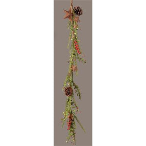 Your Heart's Delight Garland- Red Berries, Greens, Pine Cones, And Rusty Star, Red