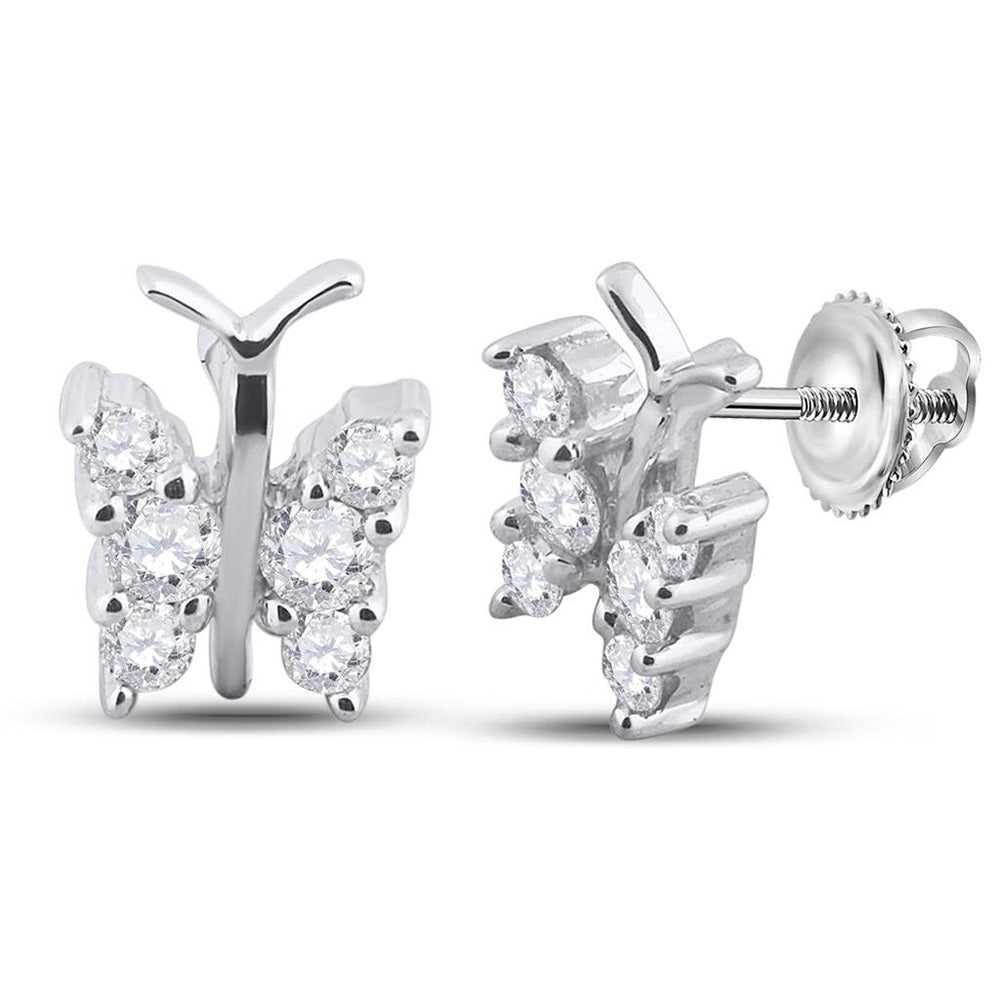 GND 14kt White Gold Womens Round Diamond Butterfly Bug Earrings 1/3 Cttw