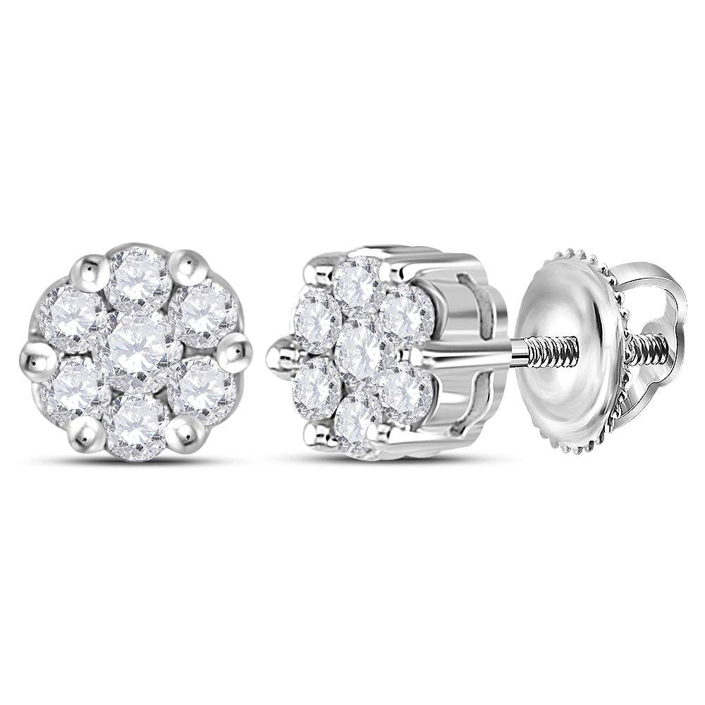 GND 14kt White Gold Womens Round Diamond Flower Cluster Earrings 1/4 Cttw