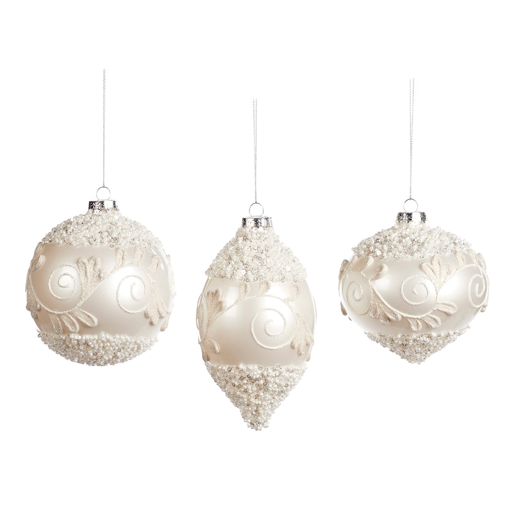 Glass 3D Beaded Swirl Leaf Ball/Finial Ornament White 10Cm, Set Of 3, Assortment