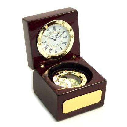 Bey Berk Compass & Clock In Lacquered Rosewood Hinged Box