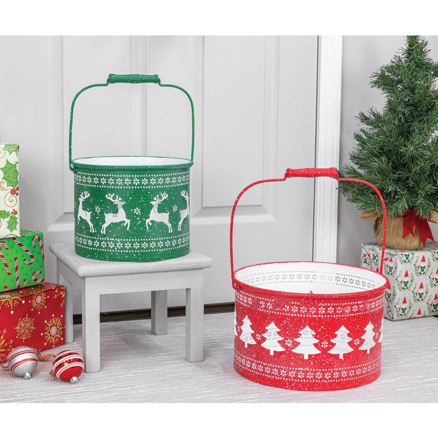 Hanna's Handiworks Christmas Deer Tree Basket Set Of 2