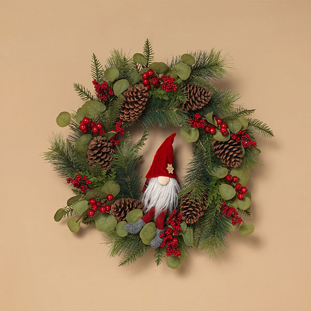Gerson Company 24" Holiday Pine & Berry Wreath with Fabric Gnome Shelf Sitter