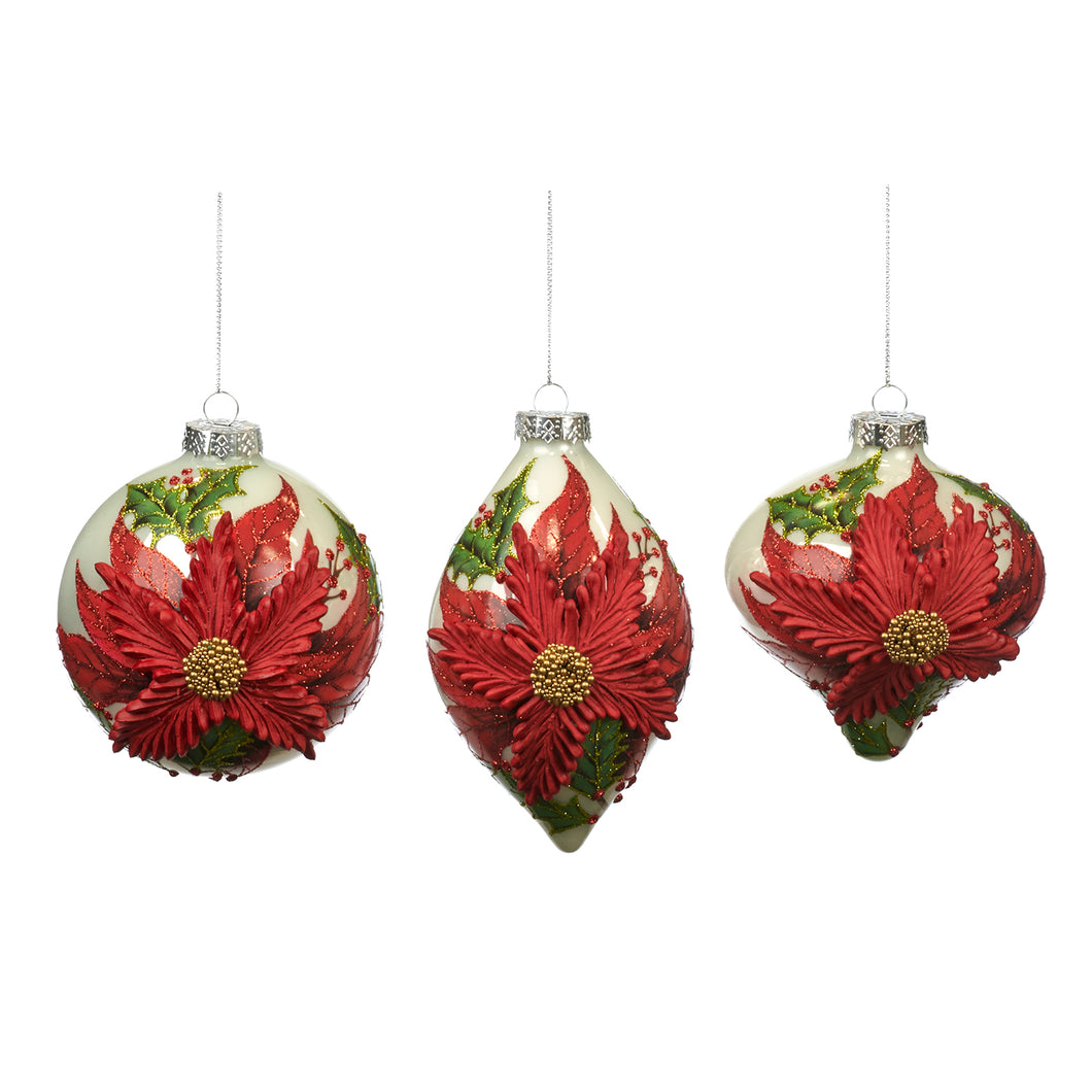 Glass 3D Poinsettia Ball/Finial Ornament Red/Cream 11.5Cm, Set Of 3, Assortment