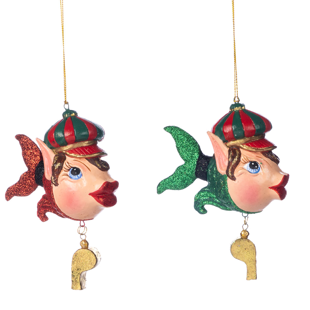 Santa Express Helpers Elf Fish Ornament Red/Gold 12Cm, Set Of 2, Assortment