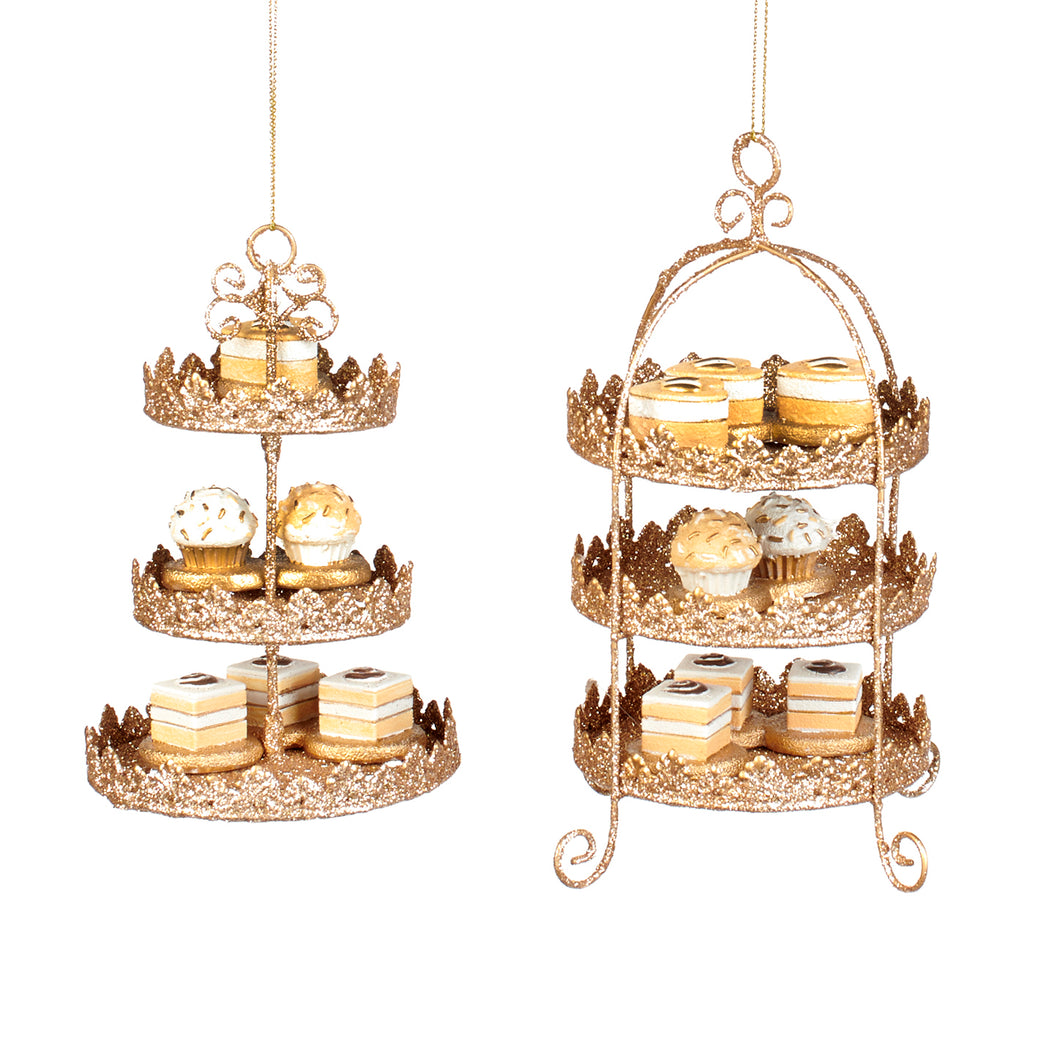 Wire Glittered Cake Stand Ornament Gold/Cream 15Cm, Set Of 2, Assortment