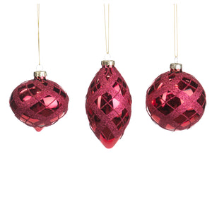 Glass Glittered Tartan Net Ball/Finial Ornament Pink 8Cm, Set Of 3, Assortment