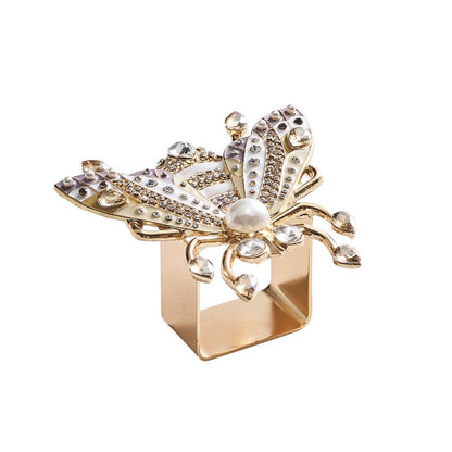 Kim Seybert Glam Fly Set of 4 Napkin Rings in Ivory, Gold & Silver, Metal