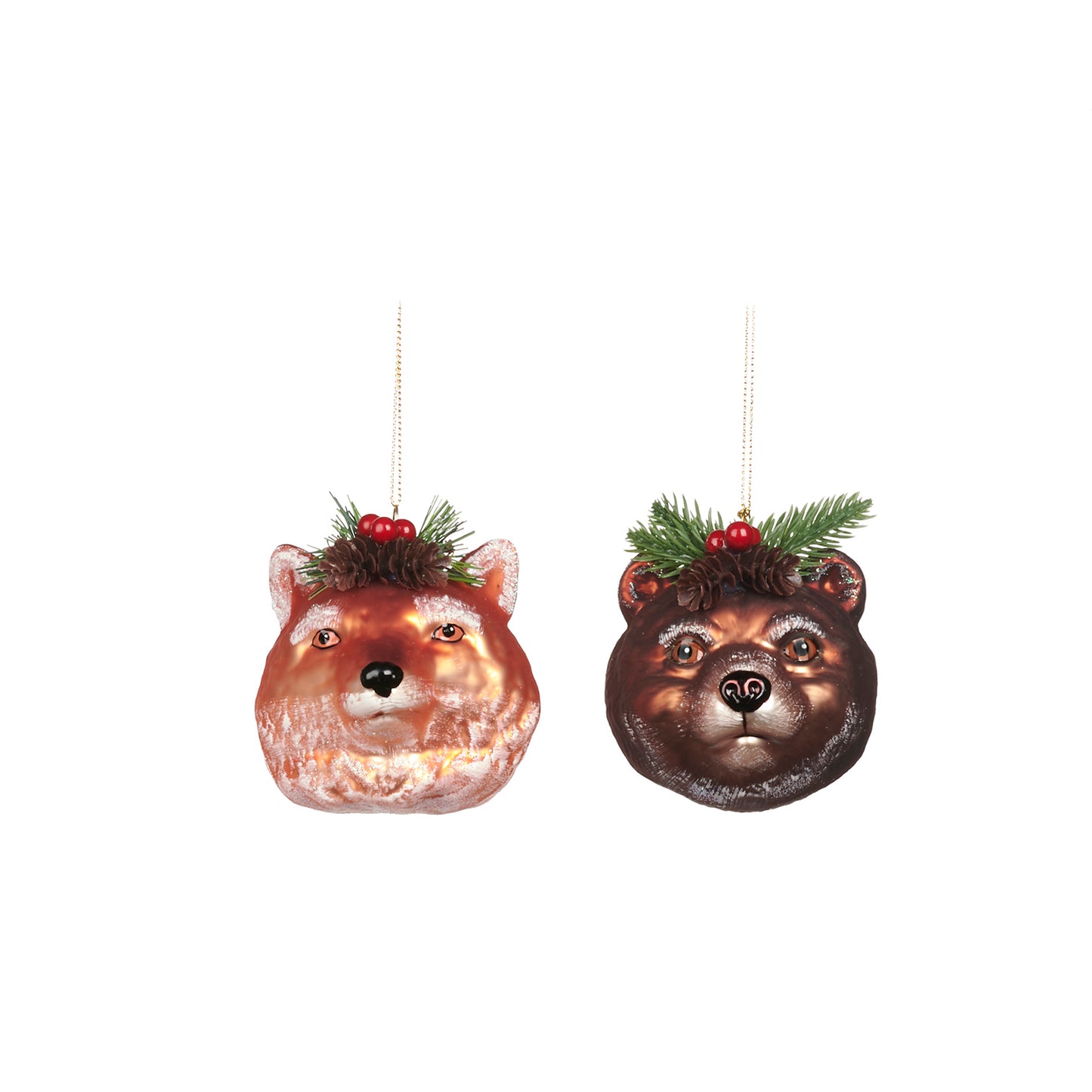 Glass Christmas Bear/Fox/Raccoon Head Ornament Brown 9Cm, Set Of 3, Assortment