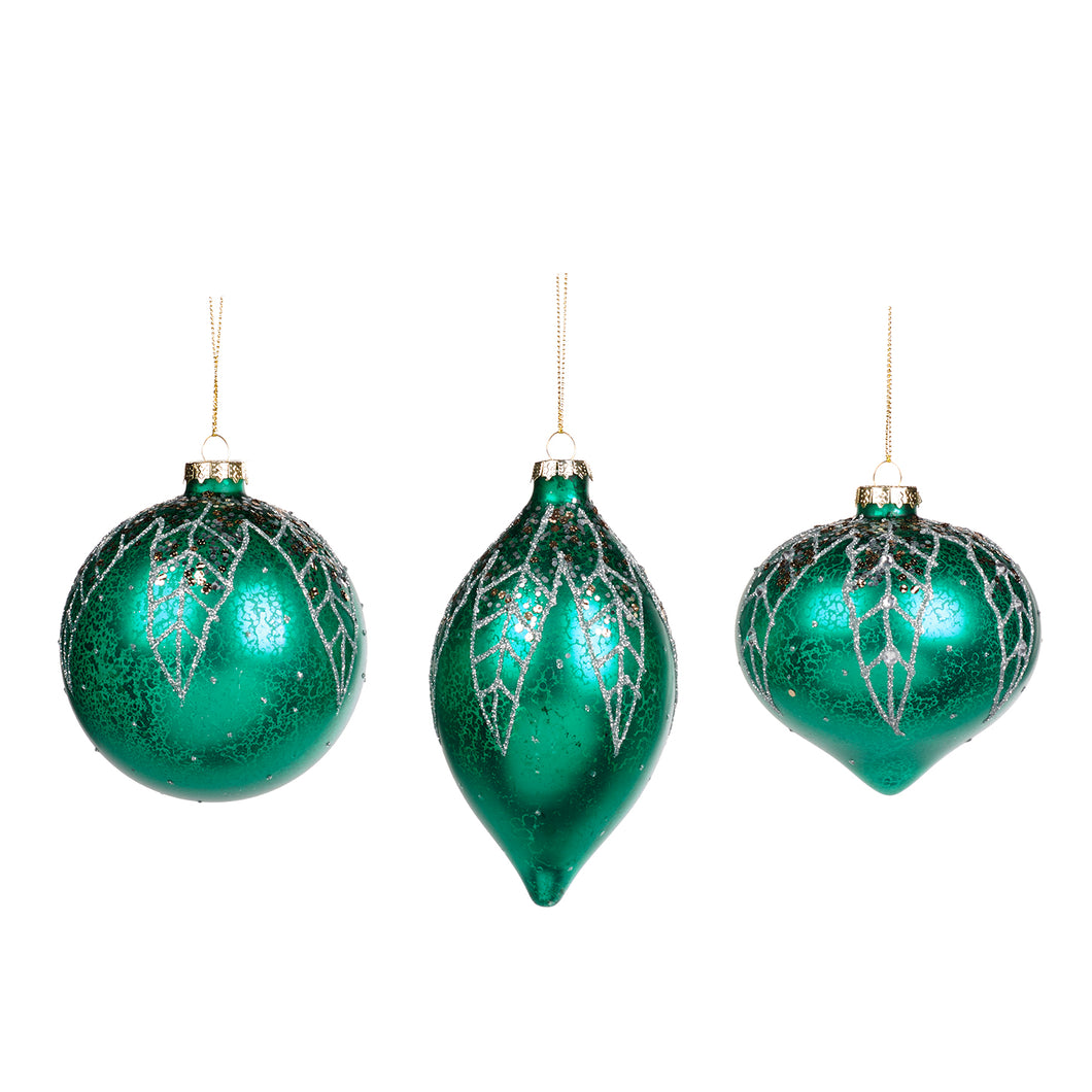Glass Antique Leaf Top Ball/Finial Ornament Green 10Cm, Set Of 3, Assortment