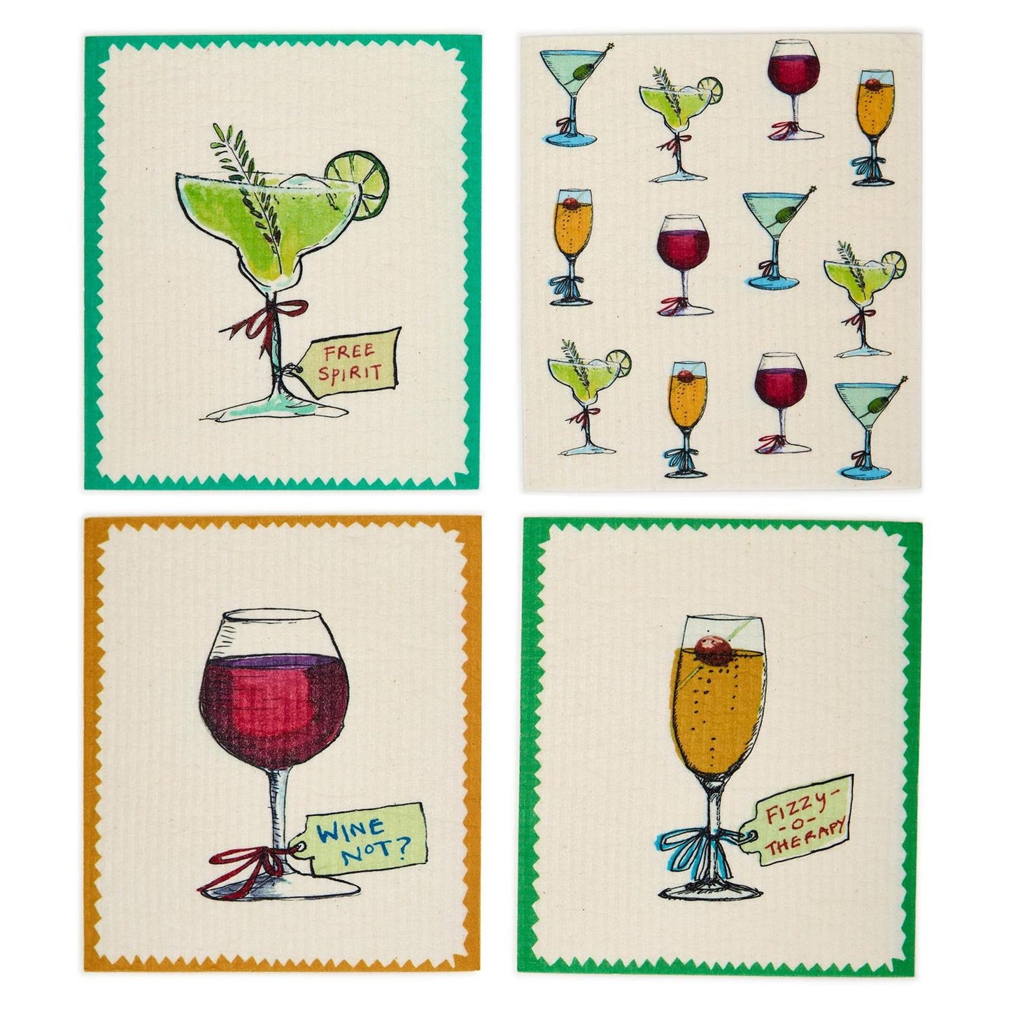 Two's Company In Good Spirits Set of 6 Multipurpose Kitchen Cloth, Asst 3 Designs